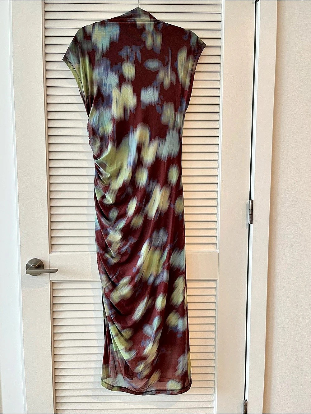 Anthropologie Abstract Draped Midi Dress in Burgundy & Green Like New